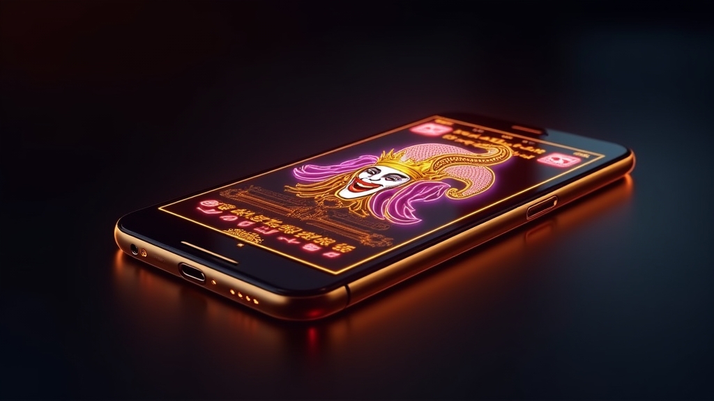 Telefon z ekranem pobierania aplikacji Royal Joker w ciemnym casino stylu